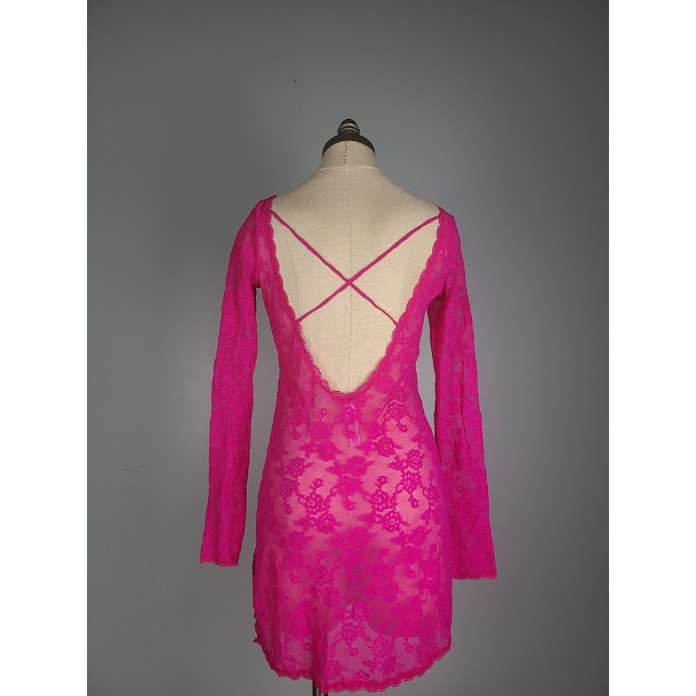 Victoria's Secret Sz M Sheer Lace Mini Dress Hot Pink Rave Festival Y2K - Picture 2 of 8